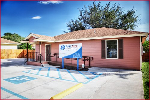 The First Aide Home Care office at 1617 Chacon Street, with wheelchair ramp and accessible parking