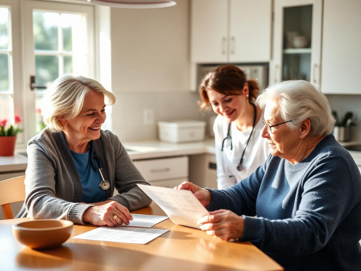 Medical social worker talking with a patient and family member at home