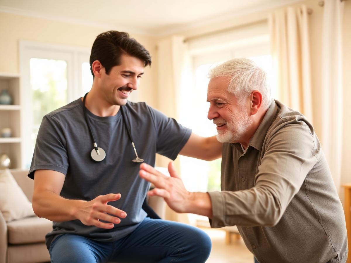 Physical therapist helping an older adult walk with a cane in their living room